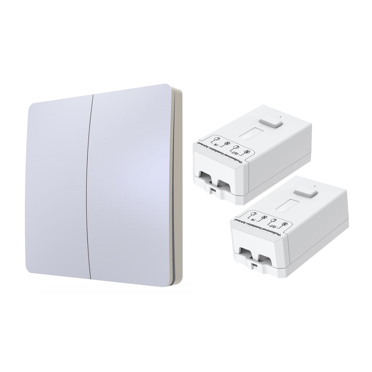 2 Gang Wireless Kinetic Switch Dimmable/Non Dimmable, White (Pro Range) with 2 X 500W RF Non-Dimmable Receiver Modules