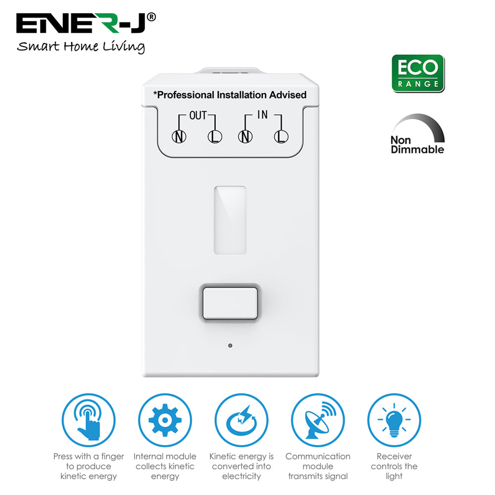 ENER-J 1 Gang Wireless Kinetic Switch, Black + 500W RF Receiver