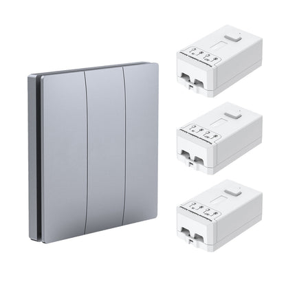 Wireless Kinetic 3 Gang Switch ECO SERIES (Silver body) with 3 Non Dimmable 5A RF Receivers. No Wiring, No Batteries, No Drilling Holes