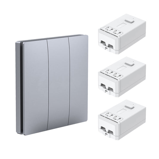 Wireless Kinetic 3 Gang Switch ECO SERIES (Silver body) with 3 Non Dimmable 5A RF Receivers. No Wiring, No Batteries, No Drilling Holes