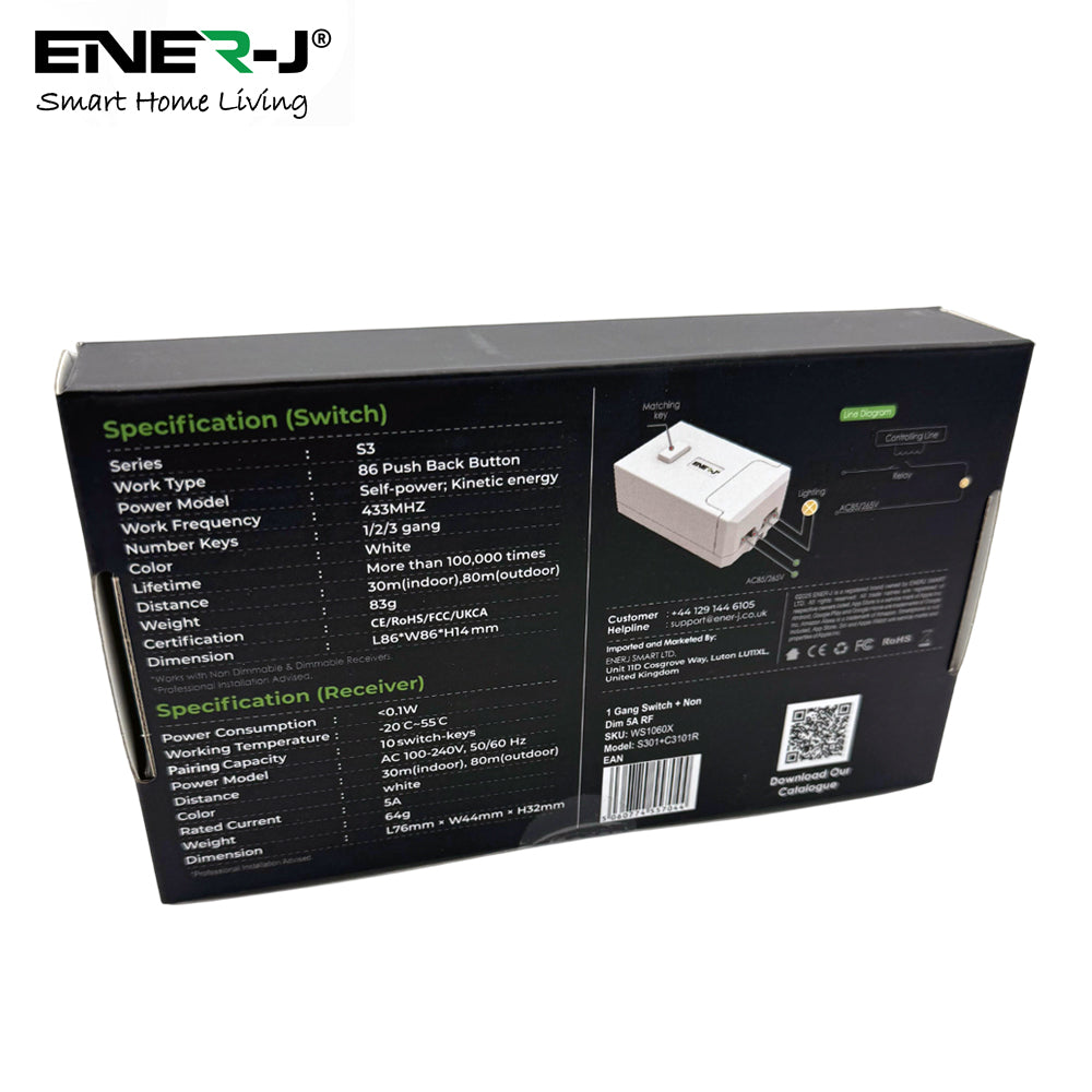 Ener-J 1-Gang Wireless Kinetic Switch & 100W WiFi Dimmable Receiver Kit, White, Battery-Free & Smart Dimming