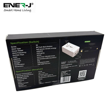 Ener-J 1-Gang Wireless Kinetic Switch & 100W WiFi Dimmable Receiver Kit, White, Battery-Free & Smart Dimming
