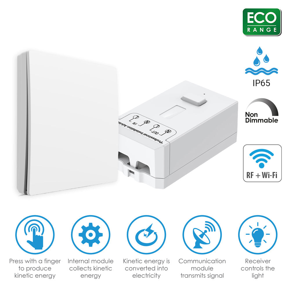 Ener-J 1-Gang Wireless Kinetic Switch & 500W WiFi Receiver Kit, White, Battery-Free & No Wiring
