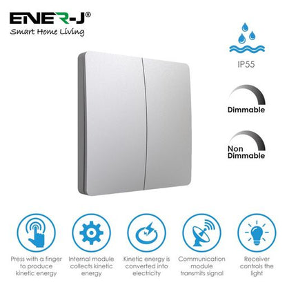 2 Gang Wireless Kinetic Switch, (Silver Finish) + 2 x  500W RF Receiver