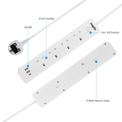 Maplin 1.8m 4 Socket 13 Amp Extension Lead with 2x USB-A / 1x USB-C Ports