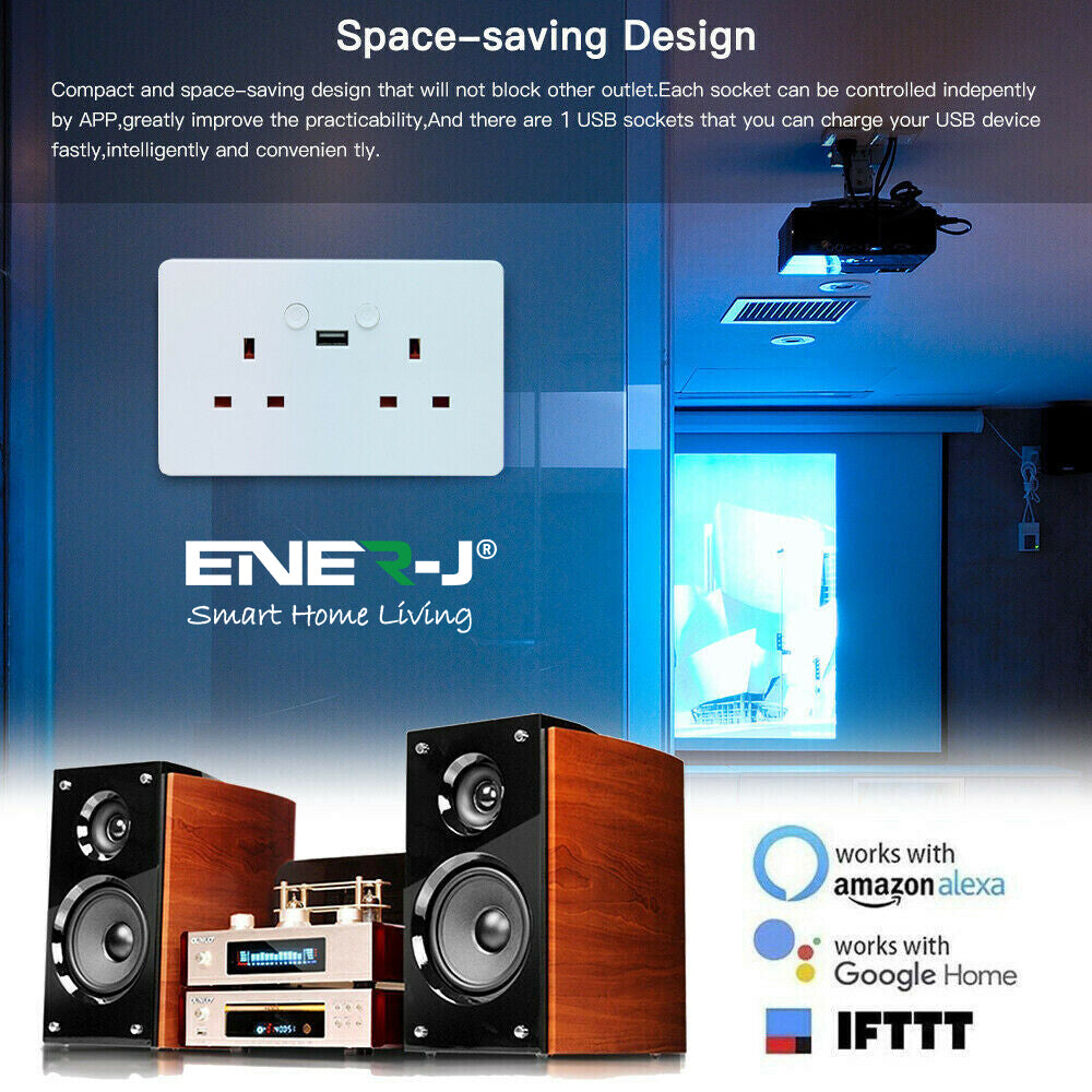 ENER-J Smart Wall Socket – WiFi Double Power Socket with USB & Type-C, Alexa & Google Compatible, 13A UK White