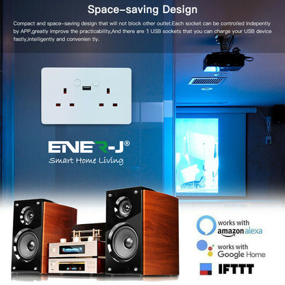 ENER-J Smart Wall Socket – WiFi Double Power Socket with USB & Type-C, Alexa & Google Compatible, 13A UK White