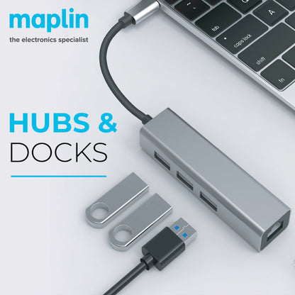 Maplin USB-C Multiport Hub to 3x USB-A 3.0 / Gigabit RJ45 - Silver