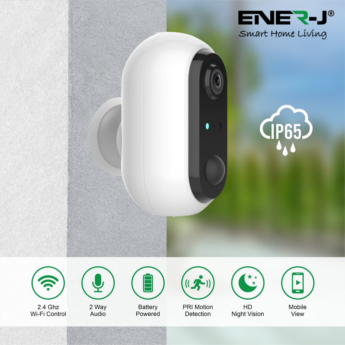 ENER-J Wireless Battery Security Camera – 1080p Smart Home Camera with PIR Motion Detection, No Wiring, No Subscription, Rechargeable Batteries Included (UK)