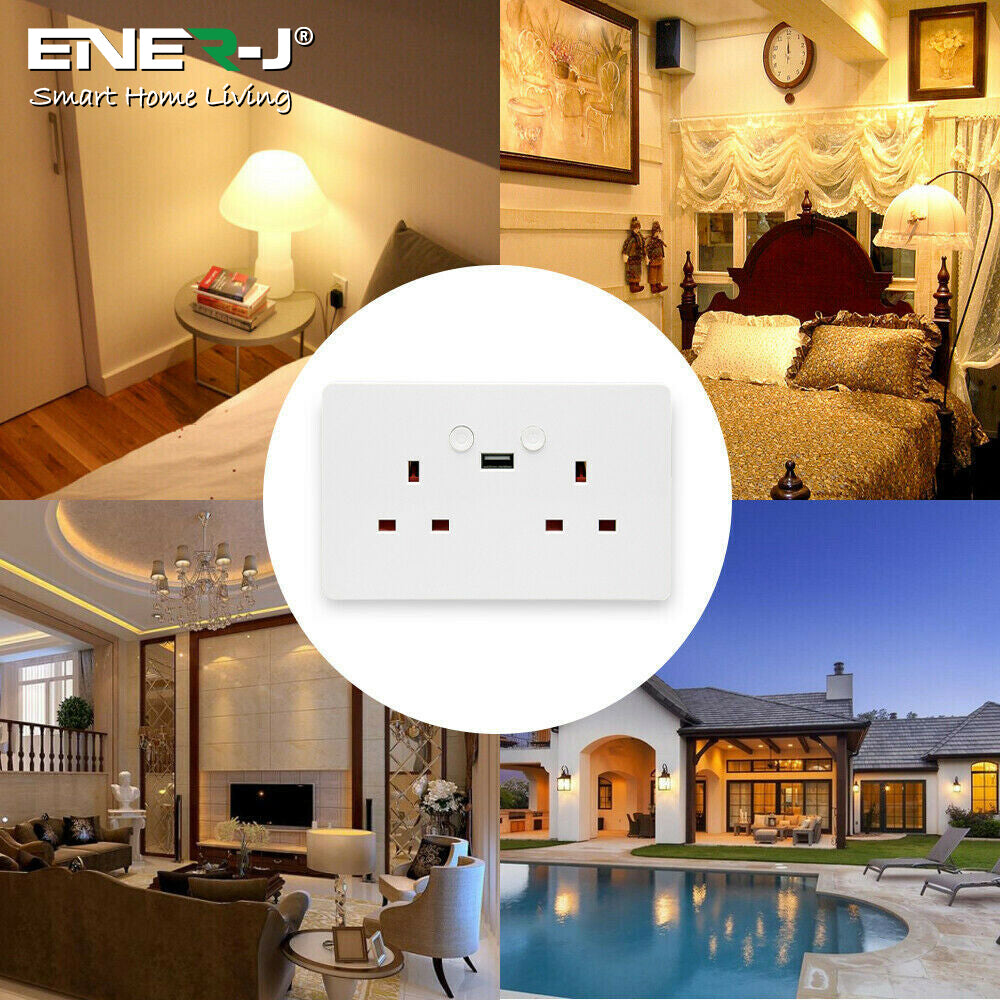 ENER-J Smart Wall Socket – WiFi Double Power Socket with USB & Type-C, Alexa & Google Compatible, 13A UK White