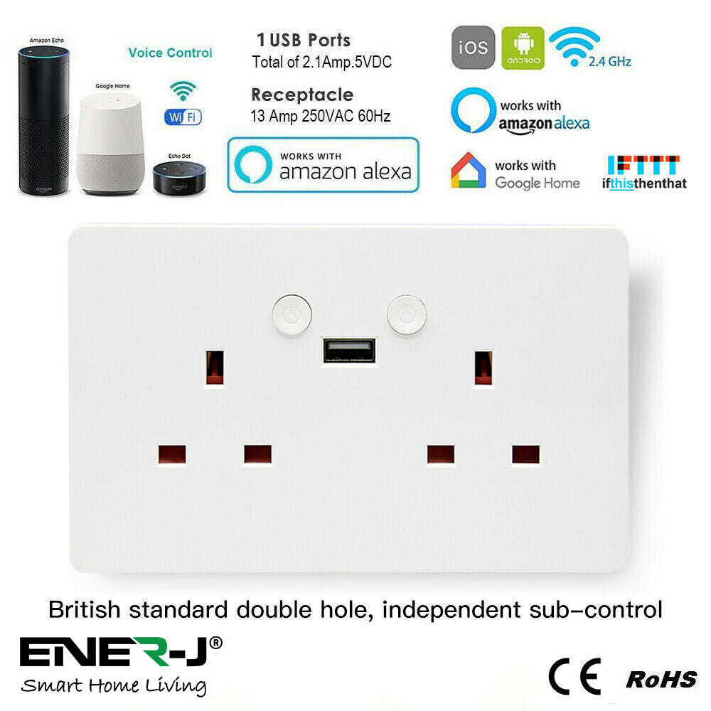 ENER-J Smart Wall Socket – WiFi Double Power Socket with USB & Type-C, Alexa & Google Compatible, 13A UK White