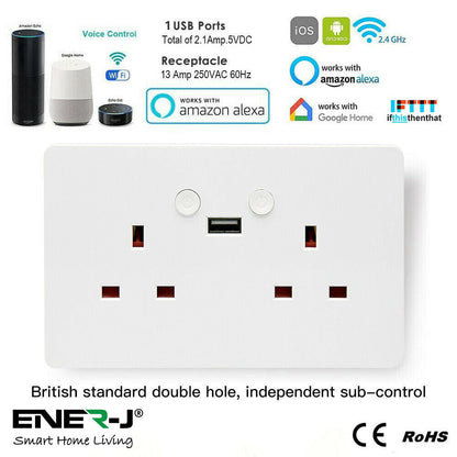 ENER-J Smart Wall Socket – WiFi Double Power Socket with USB & Type-C, Alexa & Google Compatible, 13A UK White