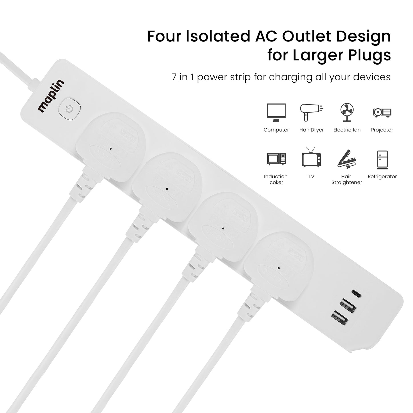 Maplin 1.8m 4 Socket 13 Amp Extension Lead with 2x USB-A / 1x USB-C Ports