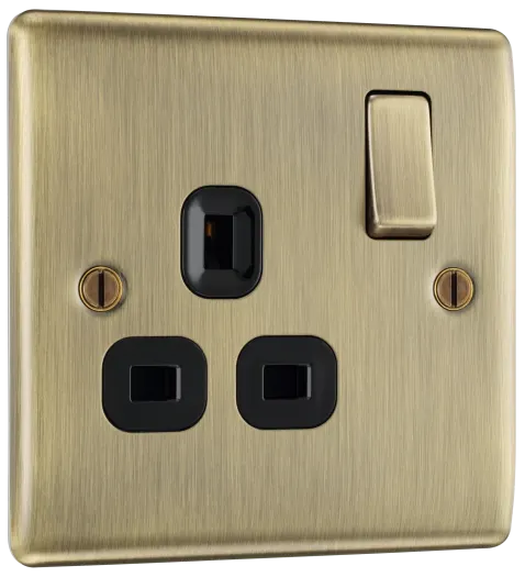 Single Socket Antique Brass BG Black Inserts 13A NAB21B