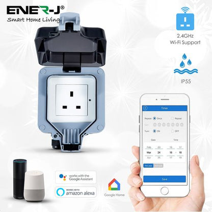 ENER-J Smart WiFi Weatherproof Outdoor Socket, IP55 Waterproof 13A Single Plug, App & Voice Control with Alexa/Google, Remote Timer & Automation