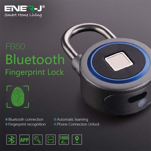 ENER-J Bluetooth & Fingerprint Smart Padlock, Biometric Keyless Lock with App Control, 16-User Access, USB Rechargeable Battery & IP65 Waterproof Aluminium Alloy Body for Indoor/Outdoor Security