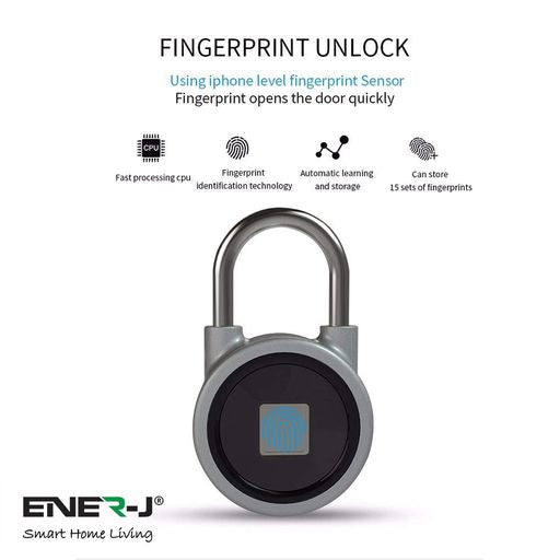 ENER-J Bluetooth & Fingerprint Smart Padlock, Biometric Keyless Lock with App Control, 16-User Access, USB Rechargeable Battery & IP65 Waterproof Aluminium Alloy Body for Indoor/Outdoor Security