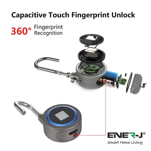 ENER-J Bluetooth & Fingerprint Smart Padlock, Biometric Keyless Lock with App Control, 16-User Access, USB Rechargeable Battery & IP65 Waterproof Aluminium Alloy Body for Indoor/Outdoor Security