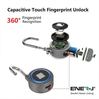 ENER-J Bluetooth & Fingerprint Smart Padlock, Biometric Keyless Lock with App Control, 16-User Access, USB Rechargeable Battery & IP65 Waterproof Aluminium Alloy Body for Indoor/Outdoor Security