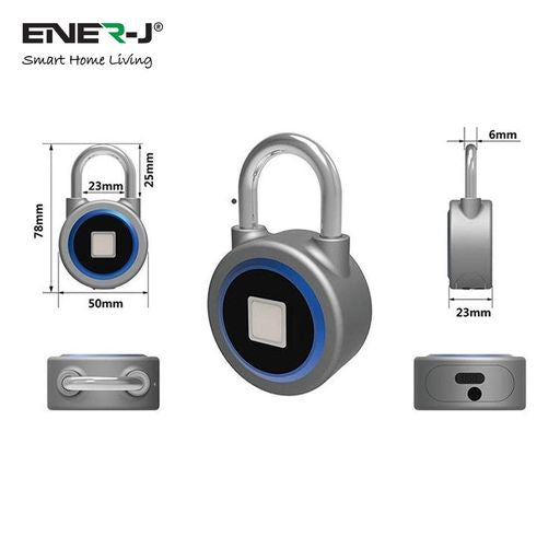 ENER-J Bluetooth & Fingerprint Smart Padlock, Biometric Keyless Lock with App Control, 16-User Access, USB Rechargeable Battery & IP65 Waterproof Aluminium Alloy Body for Indoor/Outdoor Security
