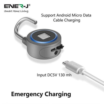 ENER-J Bluetooth & Fingerprint Smart Padlock, Biometric Keyless Lock with App Control, 16-User Access, USB Rechargeable Battery & IP65 Waterproof Aluminium Alloy Body for Indoor/Outdoor Security