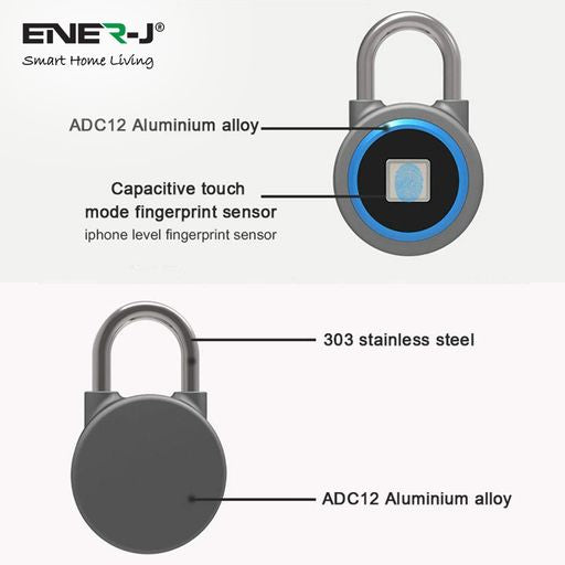 ENER-J Bluetooth & Fingerprint Smart Padlock, Biometric Keyless Lock with App Control, 16-User Access, USB Rechargeable Battery & IP65 Waterproof Aluminium Alloy Body for Indoor/Outdoor Security