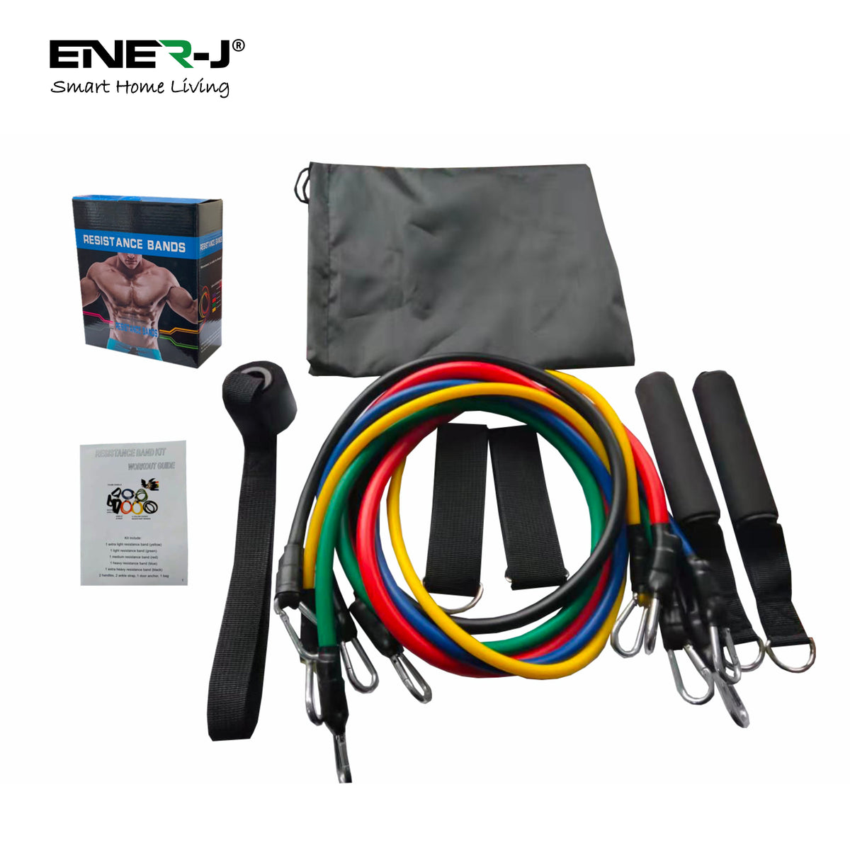 Set of 11 Home Exercise Resistance Band With Foam Handles, Ankle Straps & Door Anchor Attachment