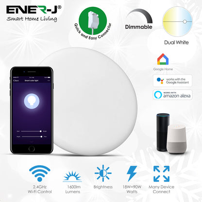 EnerJ 18W Smart WiFi Frameless LED Downlight, CCT 2700‚ Colour Changing, App-Dimmable, 1500lm, Remote Control & Timer Function | Pack Of 2 - 6000K