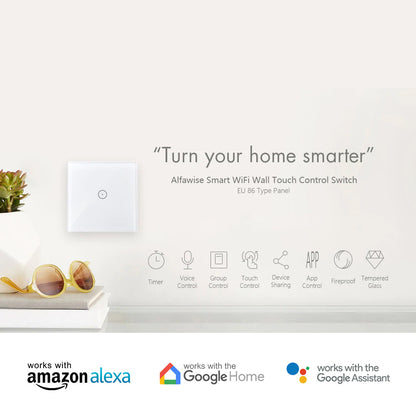 ENER-J WiFi Light Switch White – 1 Gang Smart Light Switch No Neutral Required, Alexa & Google Compatible, UK Glass Touch Panel