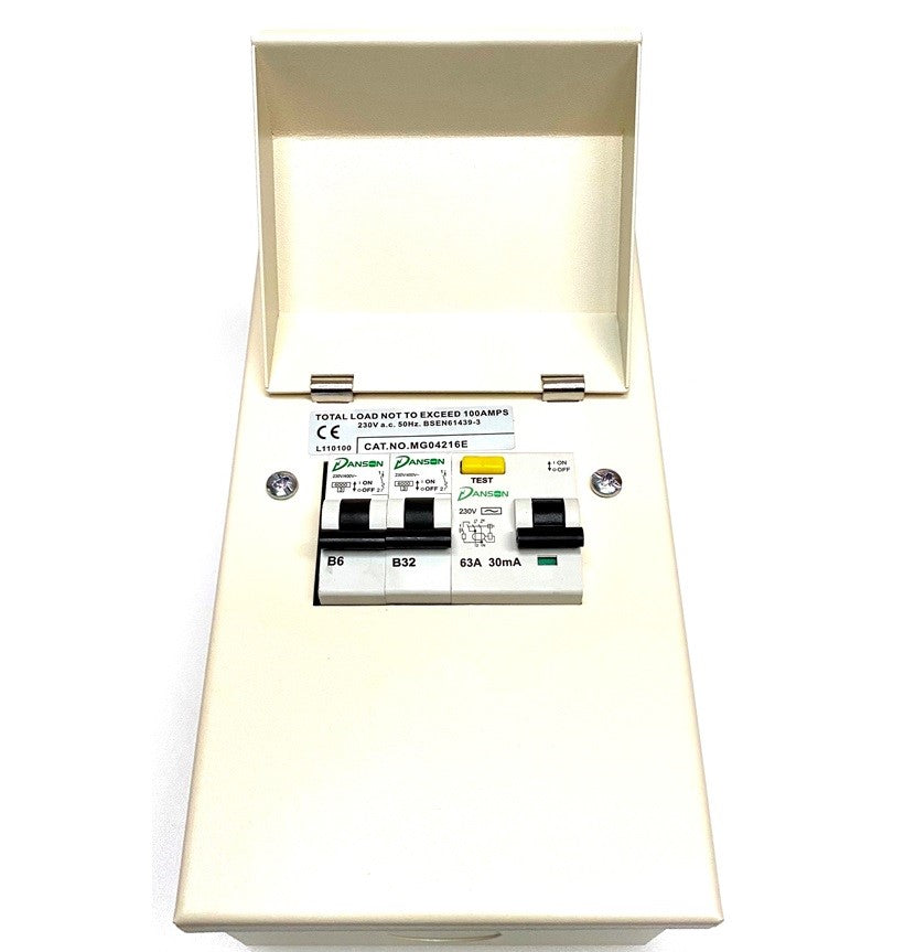 Danson 4 Module Populated Garage Board Consumer Unit 63A/30MA RCD 6A MCB 32A MCB