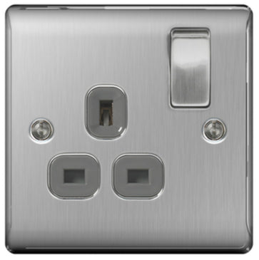 Single Socket Brushed Chrome Stainless Steel BG Grey Inserts 13A NBS21G