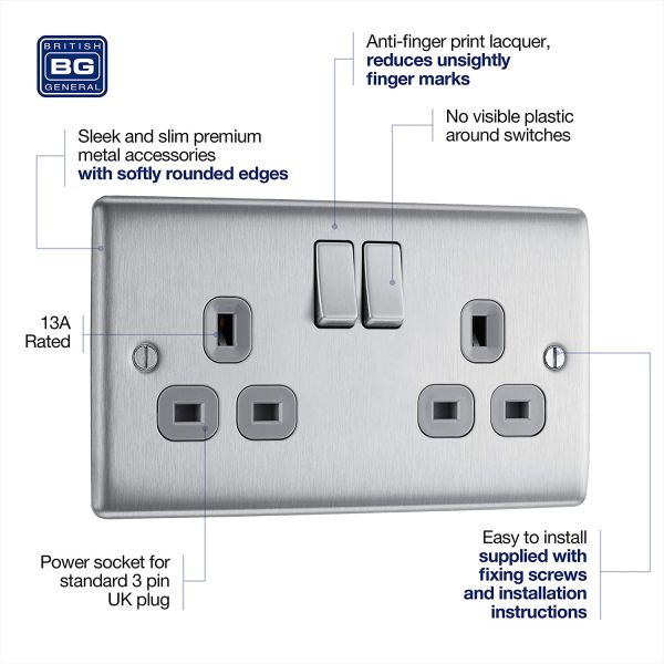 Double Socket Brushed Chrome Stainless Steel BG Grey Inserts 13A NBS22G