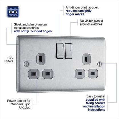 Double Socket Brushed Chrome Stainless Steel BG Grey Inserts 13A NBS22G