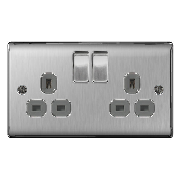 Double Socket Brushed Chrome Stainless Steel BG Grey Inserts 13A NBS22G