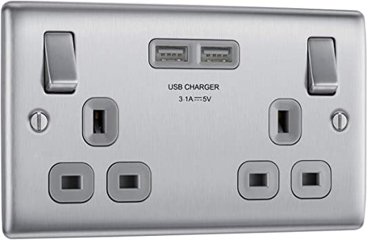 Double Socket USB Brushed Chrome Stainless Steel BG Grey Inserts 13A NBS22U3G