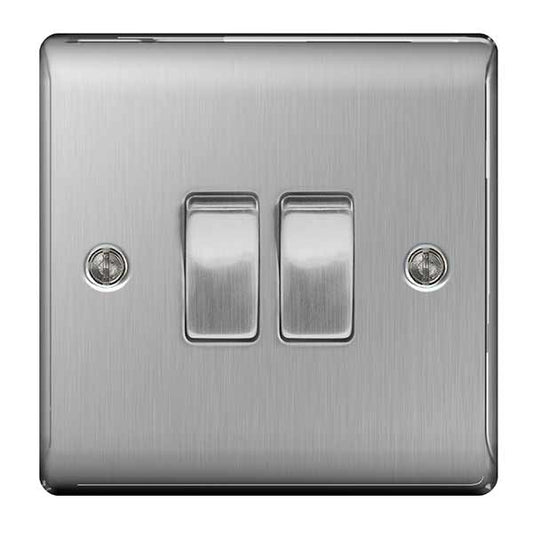 Double Light Switch 2G 2W Switch 10A Brushed Steel Stainless Steel BG NBS42