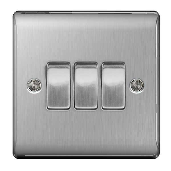 Triple Light Switch 3G 2W 10A Brushed Steel Stainless Steel BG NBS43